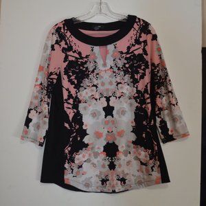 ALFANI 3/4 Sleeves FloralPrints Black Sides V-Keyhole Boat Neck Blouse S